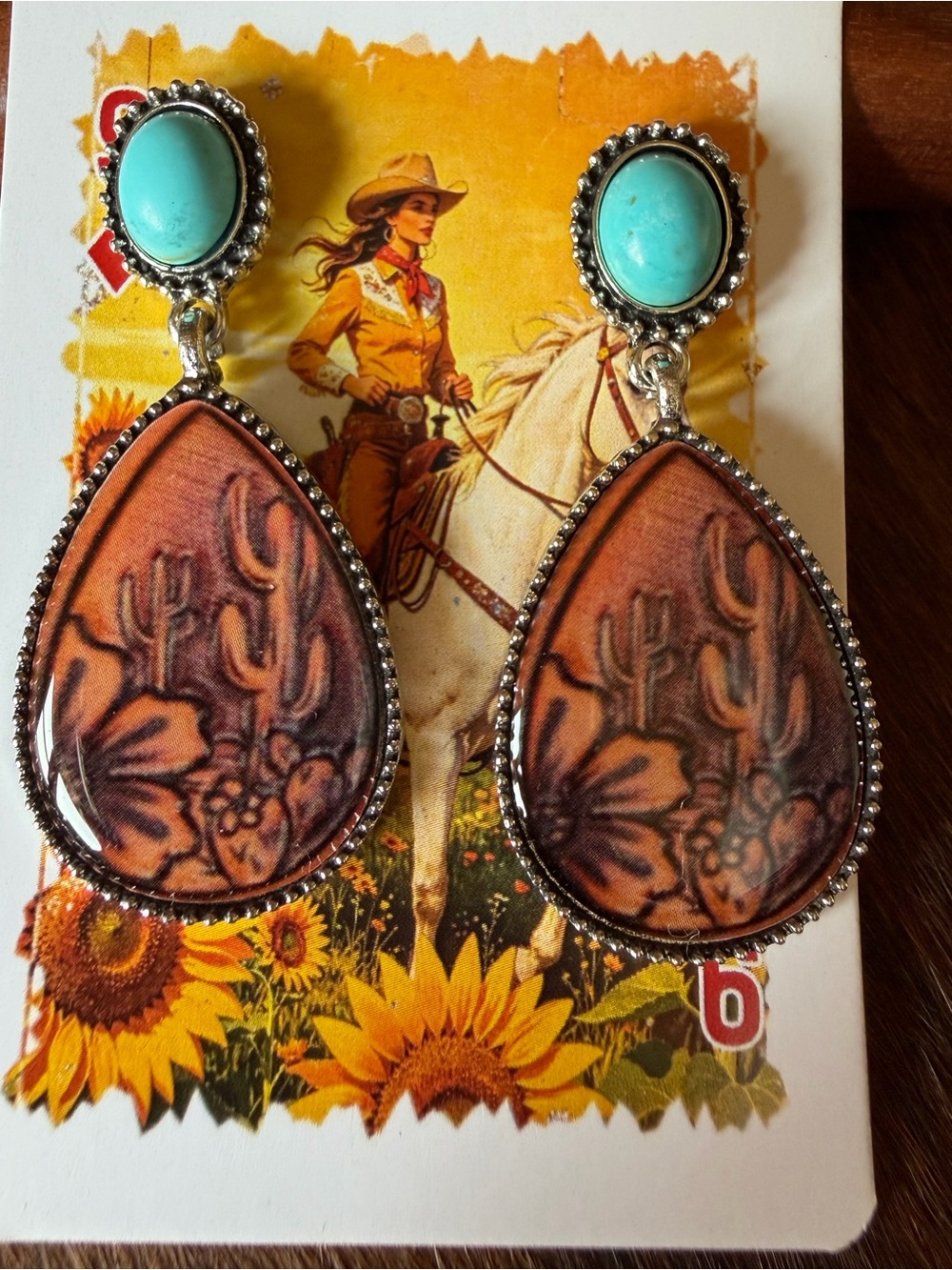 Western Desert Cactus Teardrop Earrings Turquoise Boho Cowgirl Boutique